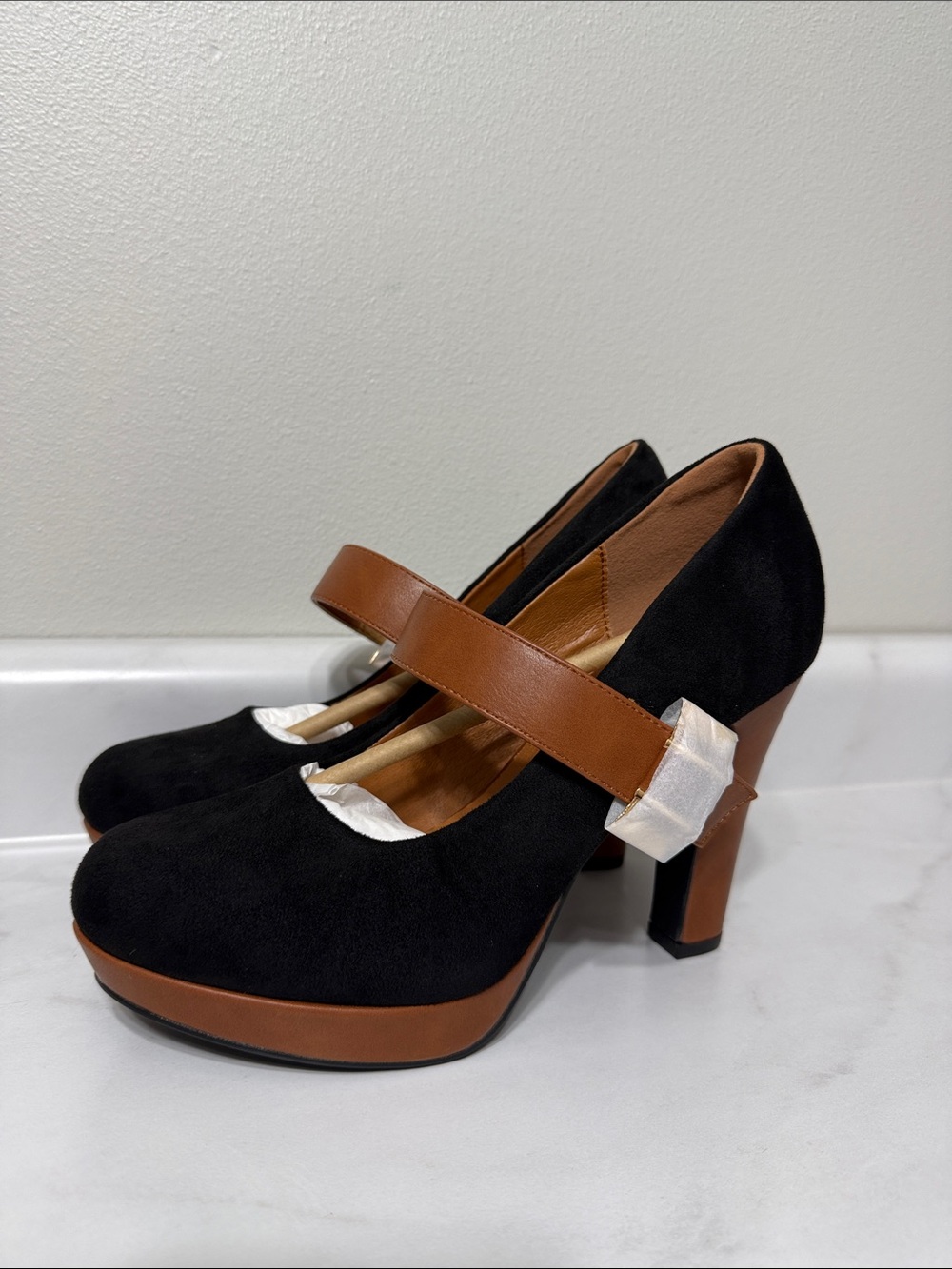 Black Suede Mary Jane Heels with Brown Leather Strap